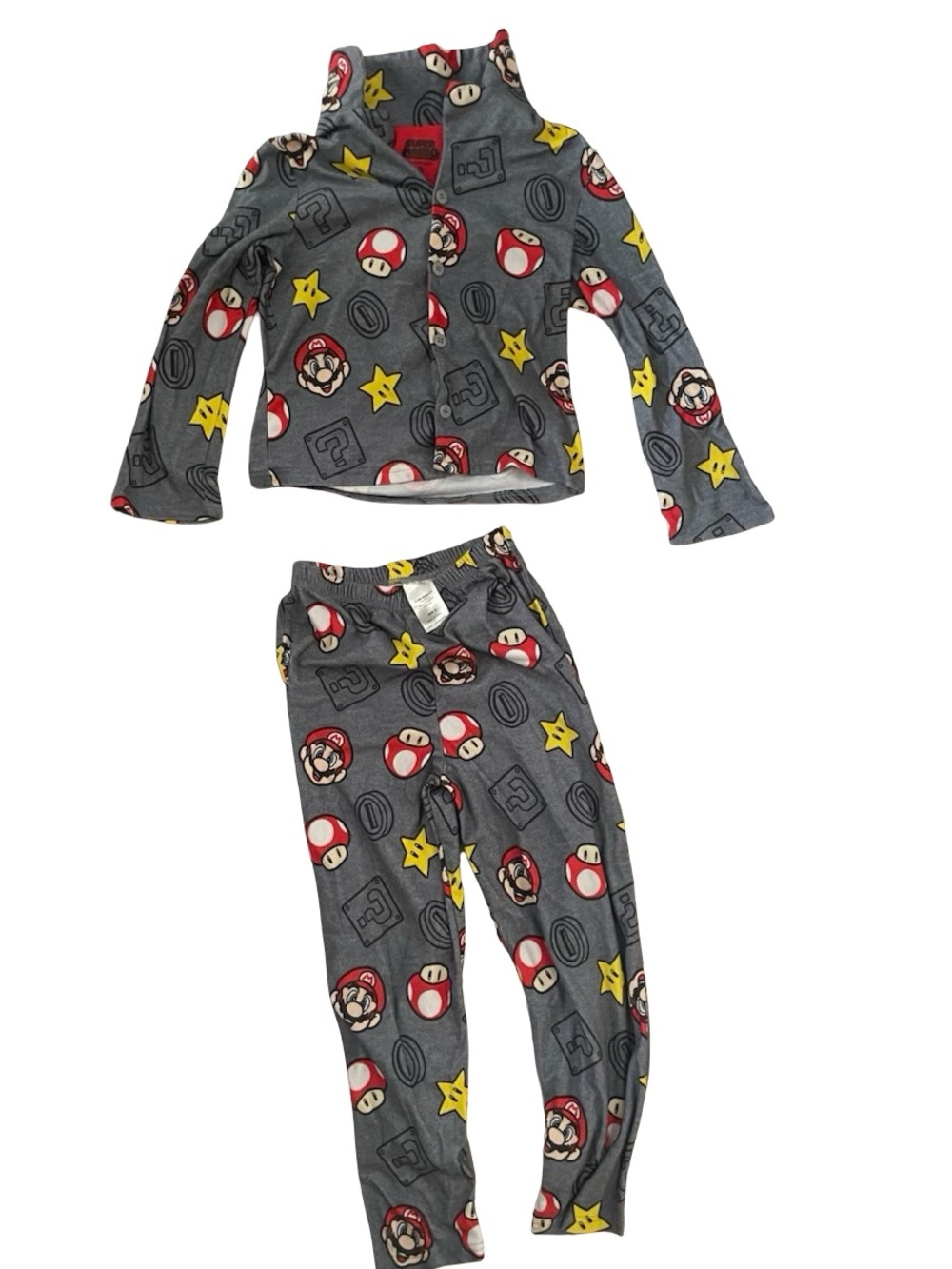 Nintendo Gray Super Mario Fleece Pajama Set with Red, Yellow & White Accents